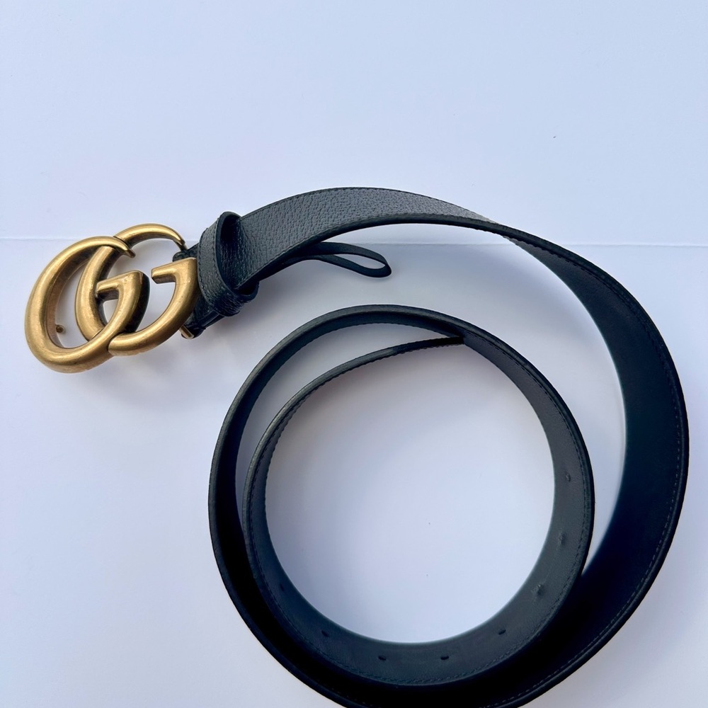 Gucci GG Marmont Leather Belt – Black with Antique Gold Buckle